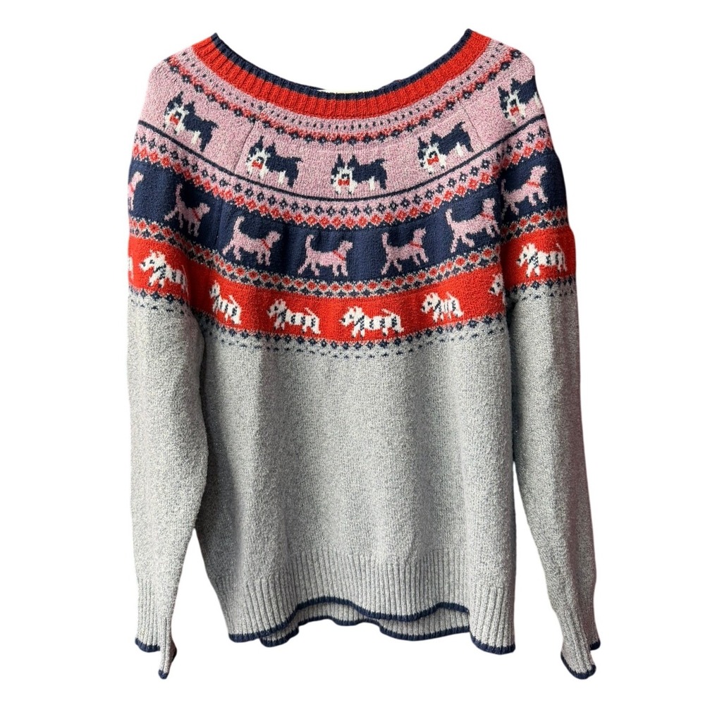 Holiday Time Sweater Women XL 16-18 Grey Dog Fair Isle Metallic Sparkle Pullover